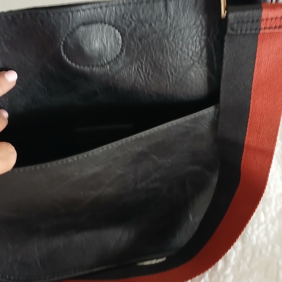 Black Studded Leather Crossbody Bag with Red-Trim Strap - Picture 2 of 4